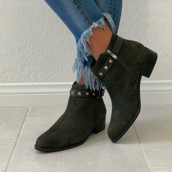 Moss Green Fierce Studded Strap Edge Ankle Bootie - Picture 7 of 8